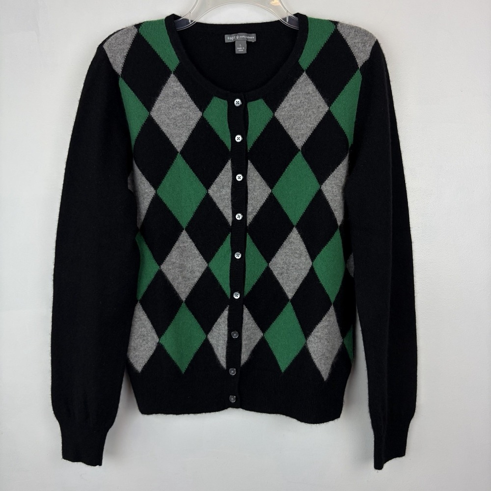 100% CASHMERE Sweater Womens Large Cardigan Argyle Black Green Career Read